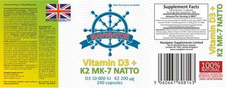 NAVIGATOR Witamina D3 10 000 IU + Witamina K2 MK-7 200micg 240 kaps.